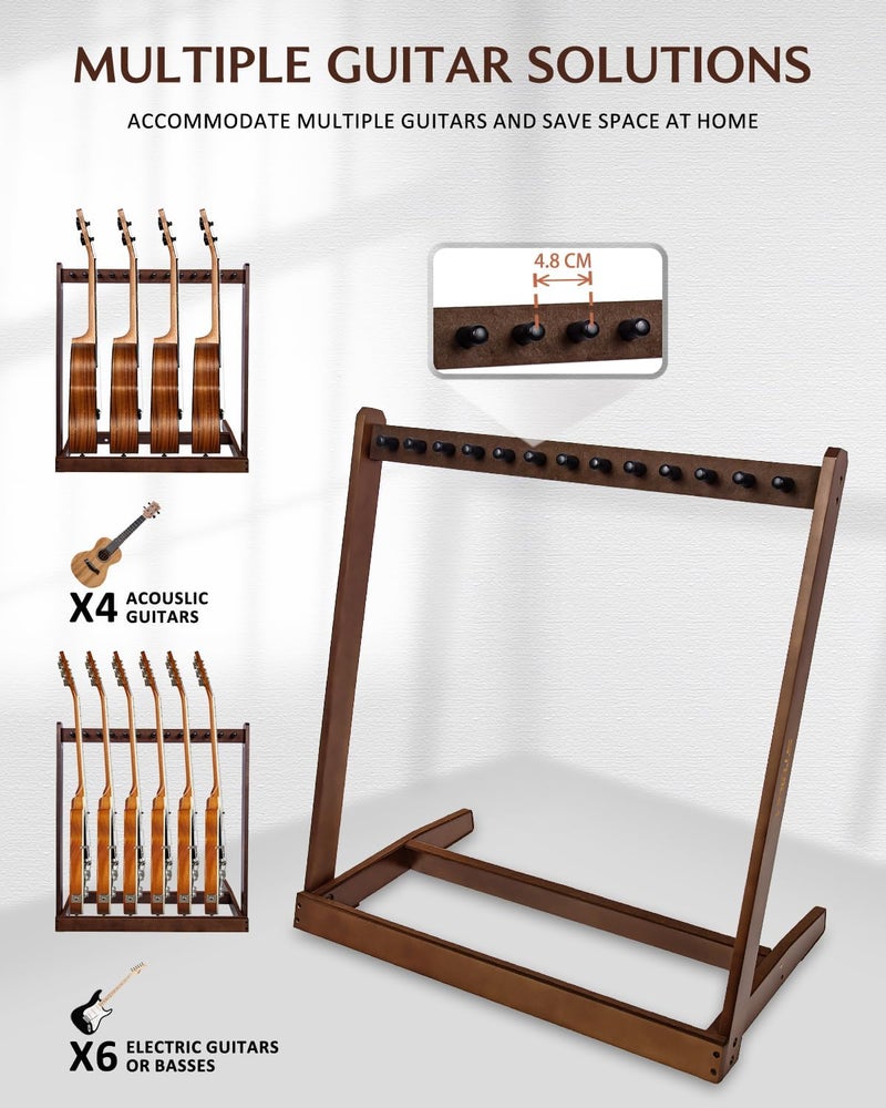 STRICH Multiple Guitar Stand, Hardwood Rack for 6 Electric or 4 Acoustic Guitars, Padded Home & Studio SMT-10 (6-Holder) - Image 2